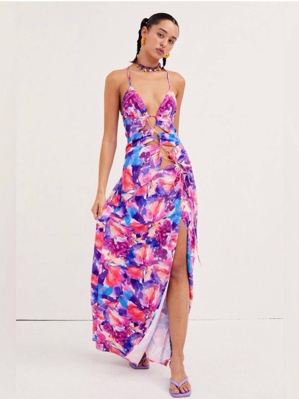 For Love & Lemons Natasha Pink and Purple Floral Cutout Maxi Dress